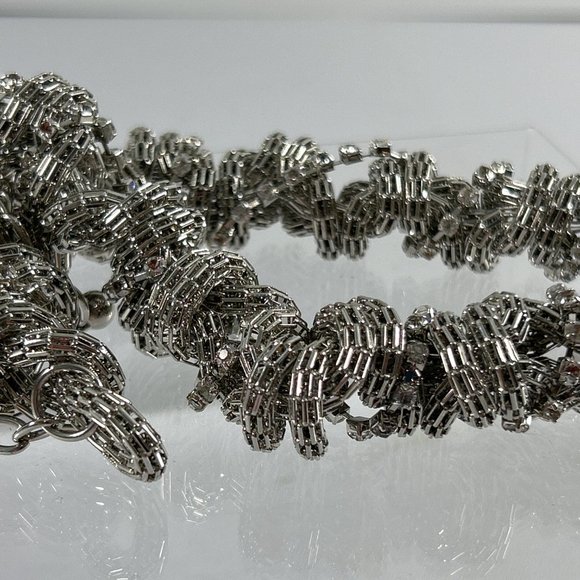 Silver Tone Rhinestones Twisted Chain Necklace Chunky 20" - Picture 2 of 4